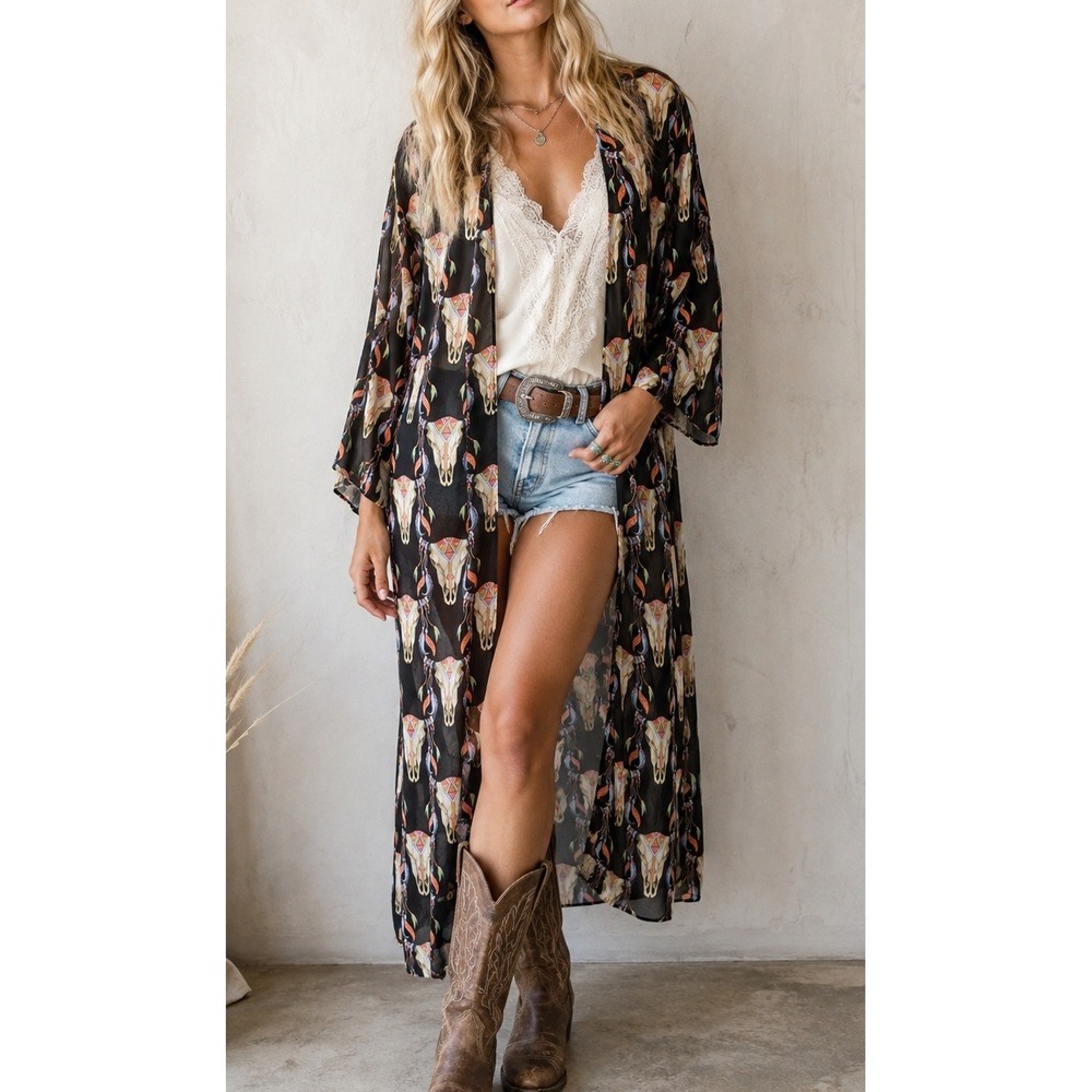 L&B Women Long Bull Skull Print Mesh Duster Cardigan Size Small Boho Western